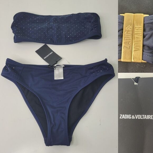 $228 studded NEW ZADIG & VOLTAIRE  NAVY BLUE GOLD BANDEAU BIKINI SWIMSUIT 8 NWT - Picture 1 of 10